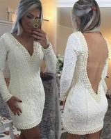 custom made short prom dresses 2016 new long sleeve v neck white pearls lace party gowns