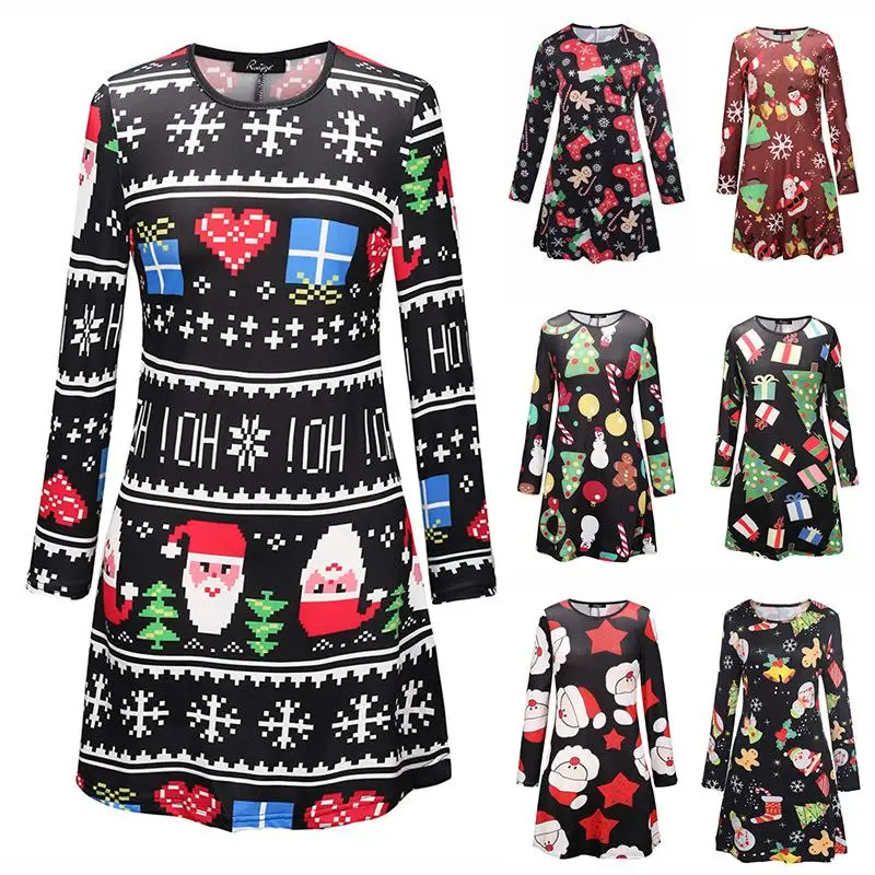 

NADANBAO Oversized Christmas Cosumes For Women 2021 Autumn New Long Sleeve O Neck Dress Santa Claus Snowflake Pattern Clothing