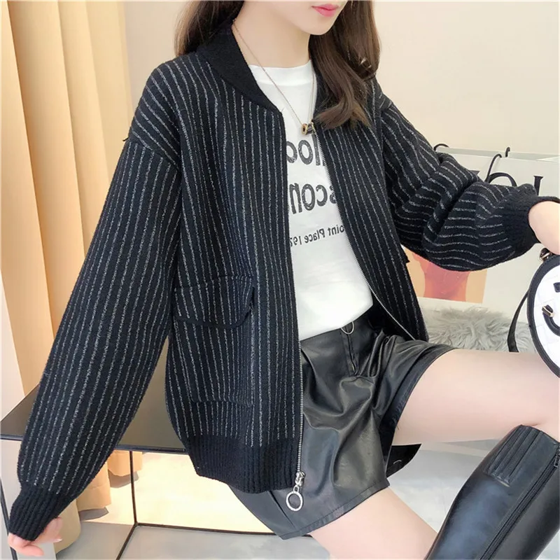 

Short Baseball Uniform Sweater Cardigan Jacket Women 2020 Autumn And Winter New Product Korean Loose Striped Zipper Sweater C162