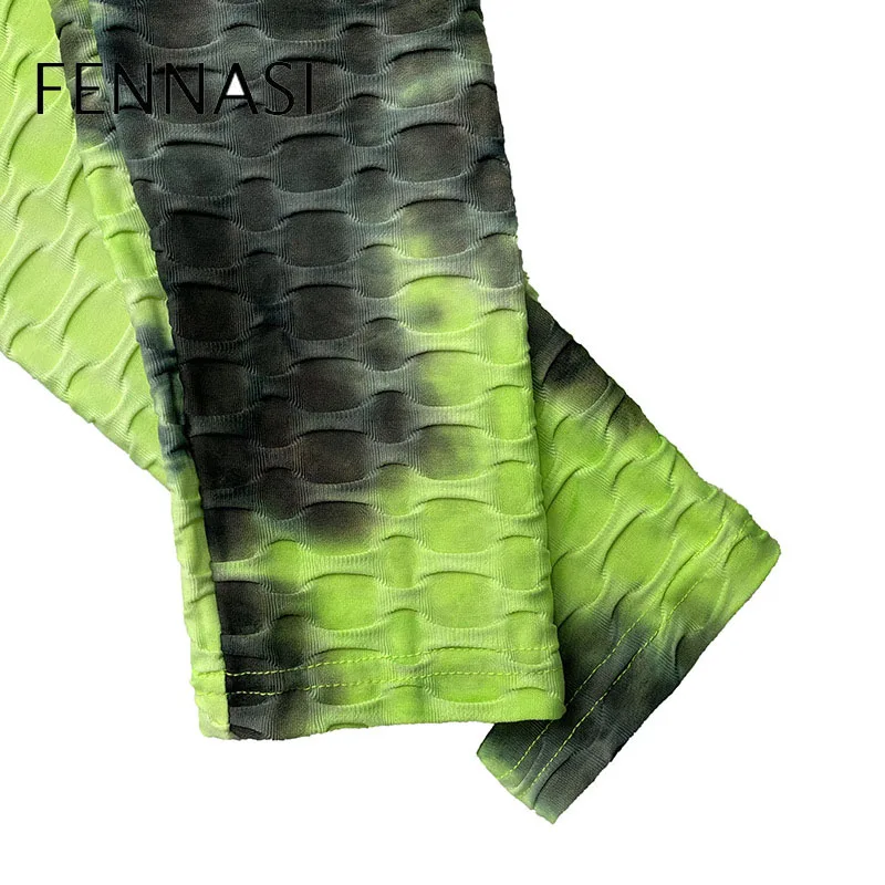 

FENNASI New Product Hot Style Casual Buttocks Slim Green Tie Printing Sports Yoga Leggings Cropped Pants