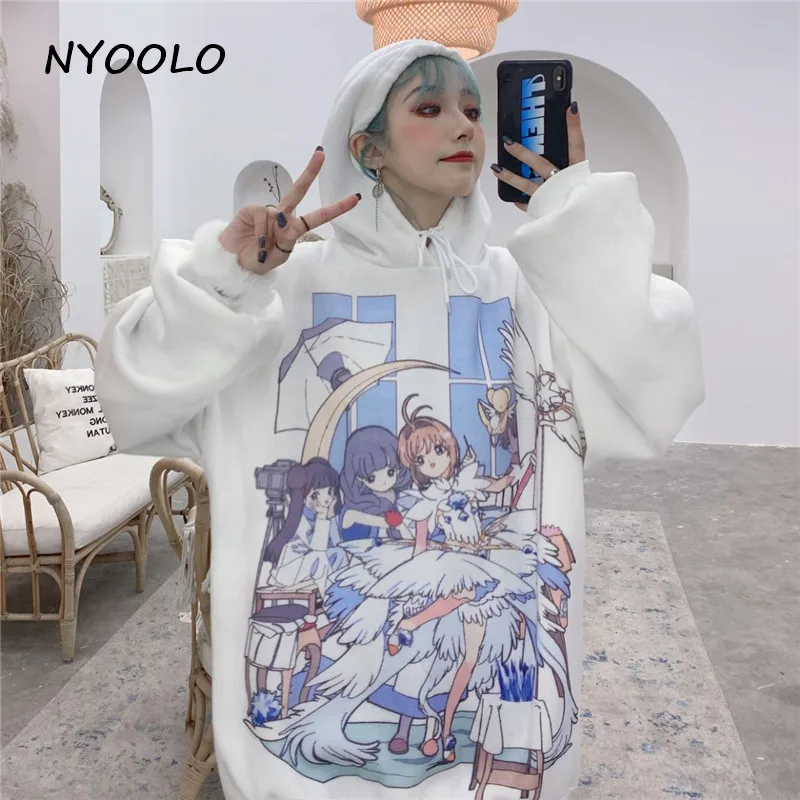 NYOOLO осень зима улица Сейлор Мун печати теплые толстовки повседневные свободные с длинным рукавом капюшоном плюс бархат пуловер Толстовка для женщин