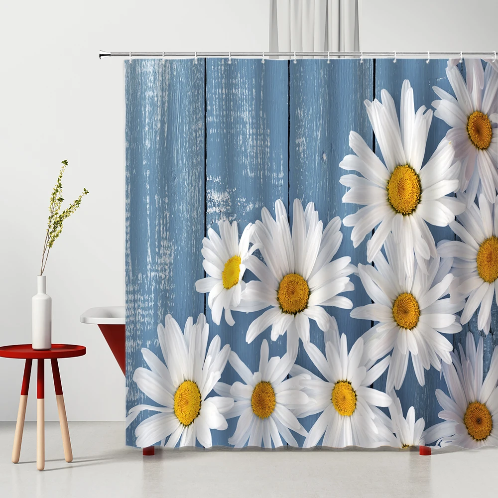 

Blue Wood Board White Daisy Shower Curtains Set Creative Flowers Dandelion Polyester Cloth Chic Bathroom Bath Curtain Home Decor