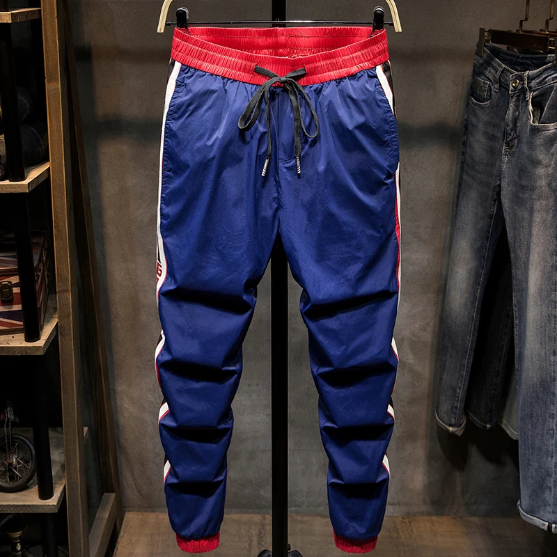 

2021 Spring Summer Stripes Spliced Pencil Pants Men Black Blue Ankle Length Fashion Trousers Slim Joggers Casual Pants