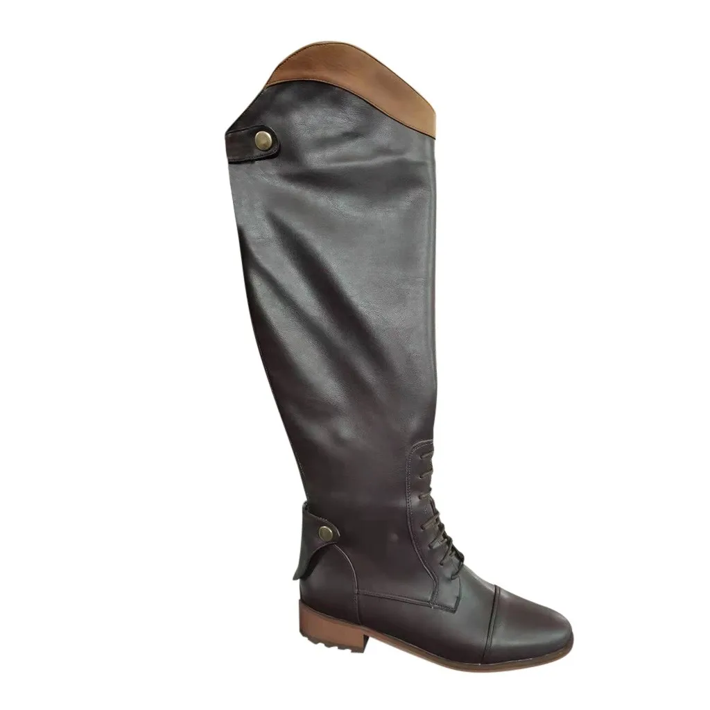 Women Knee High Leather Winter Boots Tight Warm Punk Unisex Med Heels Ridding Boots Formal Cool Retro Slip On Riding Shoes