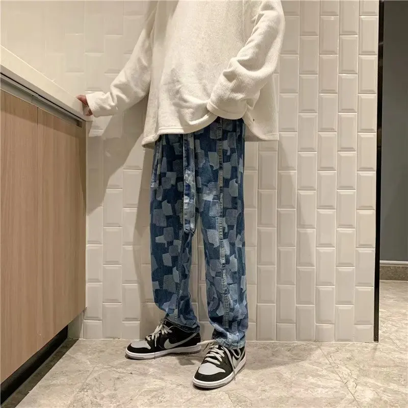 

Японские модные трендовые клетчатые джинсы для мужчин 2021 Harajuku уличная одежда подростковые хип-хоп брюки-султанки синие прямые джинсовые бр...