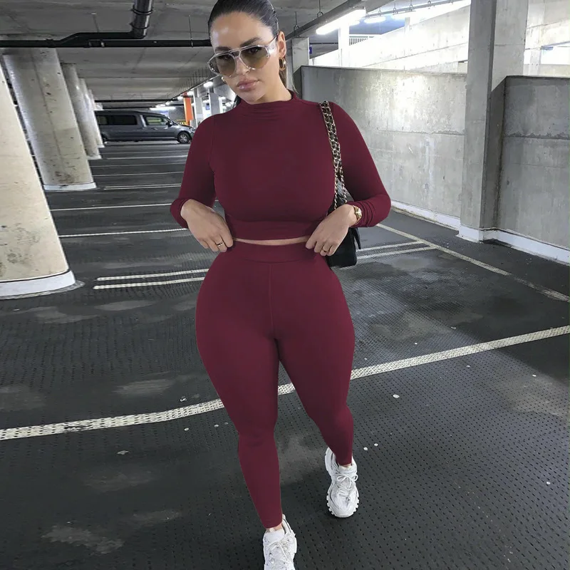 

Women Sport Fitness 2 Two Piece Set Outfits 2020 Winter Long Sleeve Crop Tops Tshirt Leggings Two Piece Set Bodycon Tracksuit