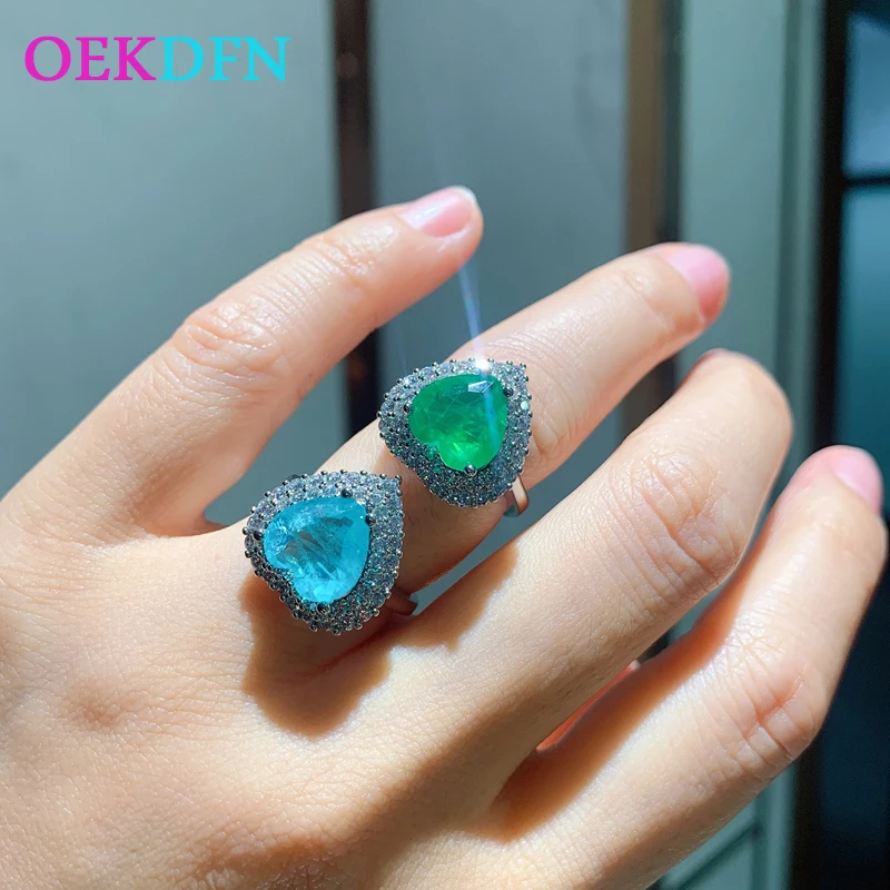 

OEKDFN 100% 925 Sterling Silver Rings Heart Paraiba Tourmaline Emerald Gemstone Wedding Engagement Ring Finger Bands Jewelry