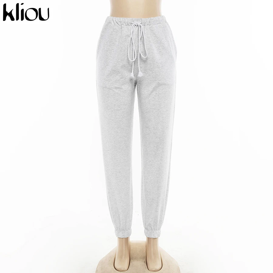 Kliou women's pants casual streetwear elastic waist drawstring cotton cargo pants autumn joggers pockets fashion trousers