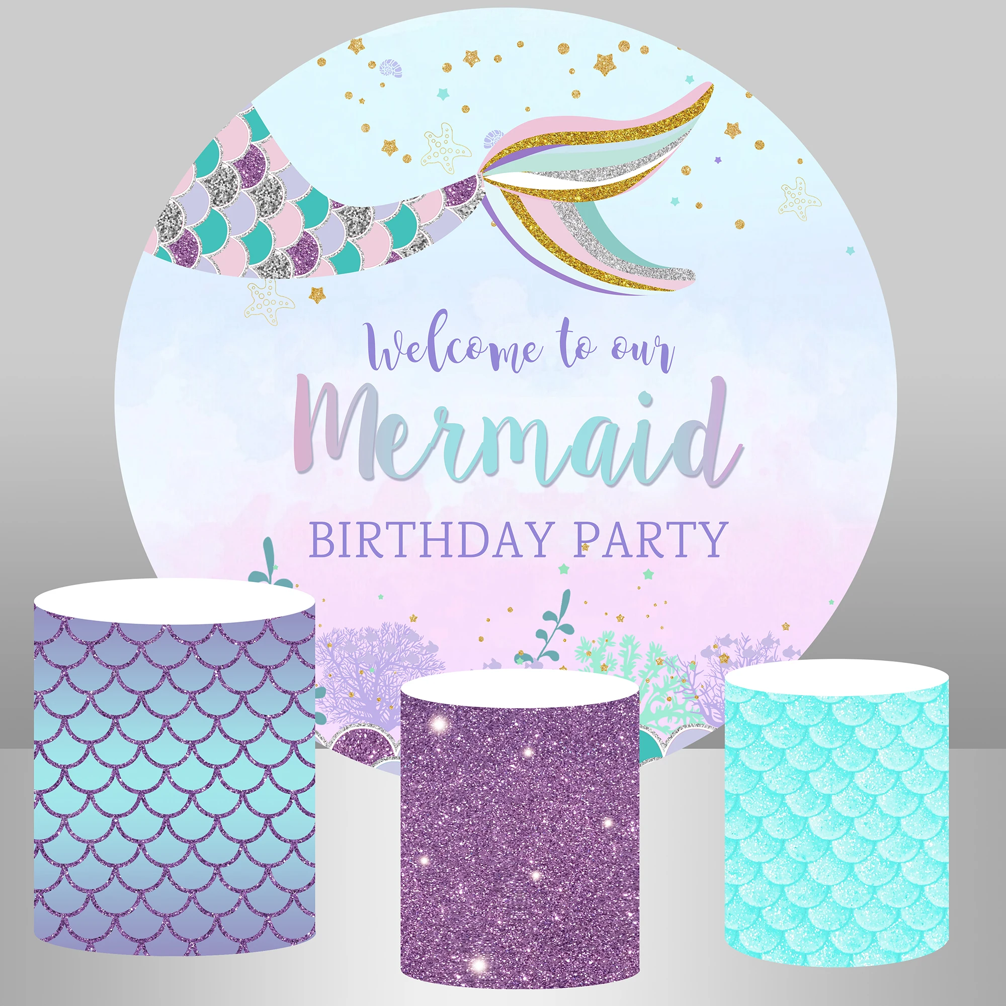 

Circle Round Backdrop Under Sea Scales Girl Mermaid Birthday Photo Background Kids Party Decoration Dessert Table Plinth Cover
