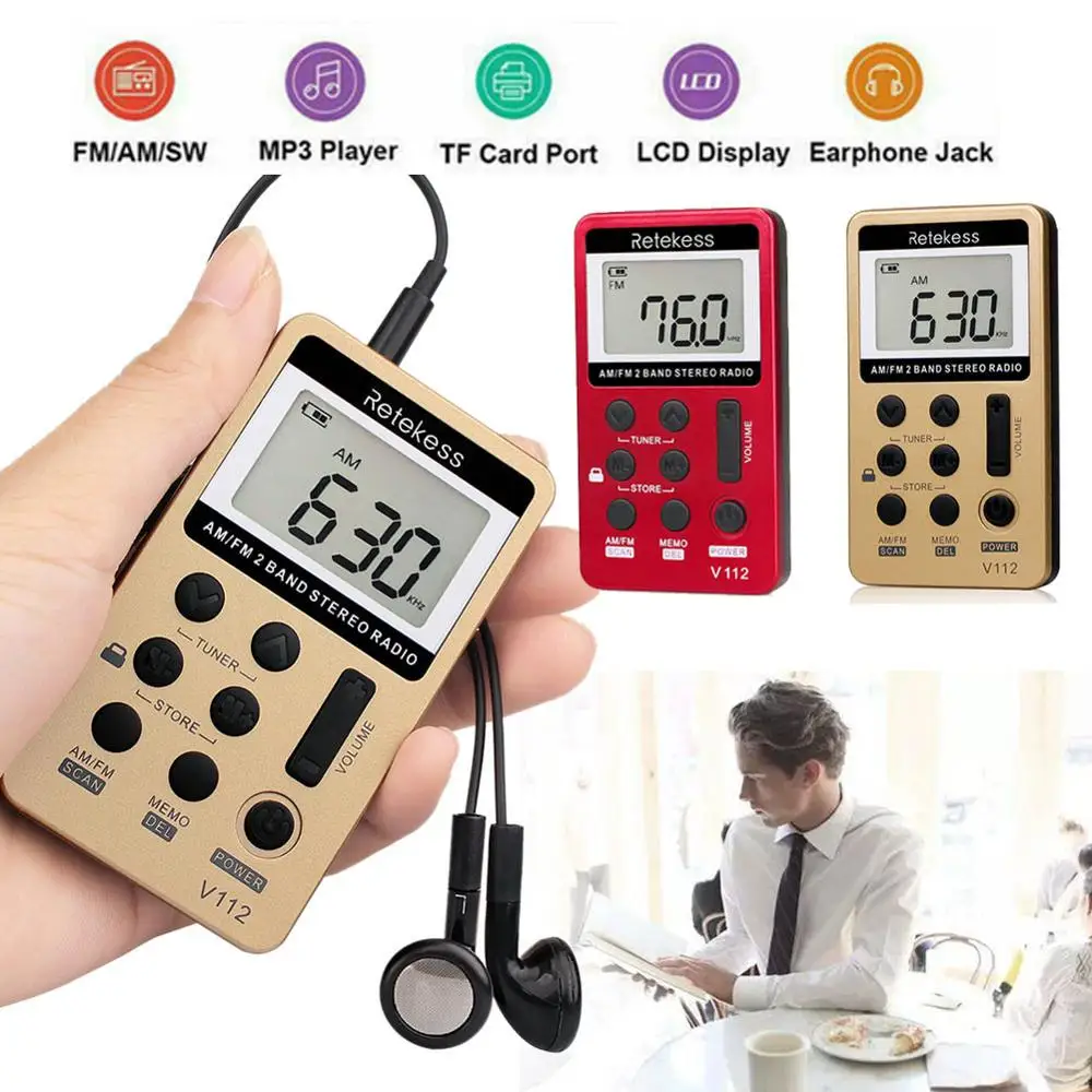 Retekess V112 Мини Портативный радиоприемник FM AM 2 диапазона цифровое карманное радио