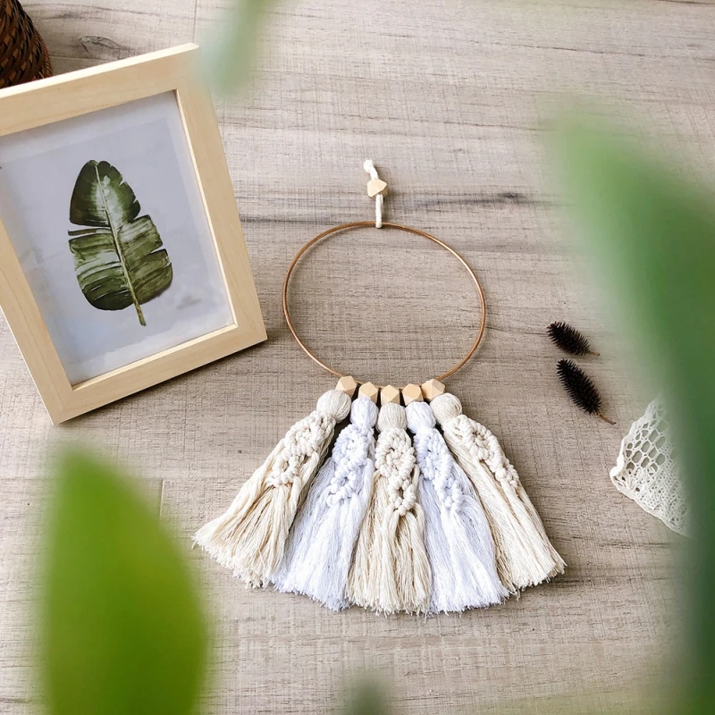 

Wood Bead Garland With Tassels Bohemian Circle Ring Woven Tapestry Natural Country Wall Hanging Home Decor