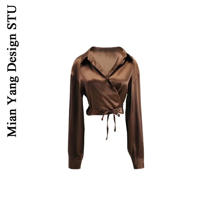 

Хлопковая атласная темпераментная короткая рубашка с завышенной талией, с одеялом в виде ленивого живота, маленькая рубашка на шнуровке, пи...