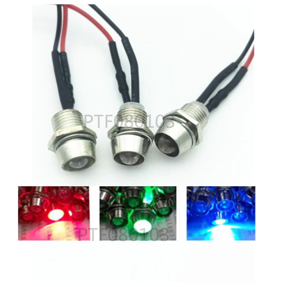 

10-100pcs 5mm 3V 6V 12V colorful pre-wired LED White Warm white Red Green Blue Metal Indicator Pilot Dash Light Lamp Wire Leads