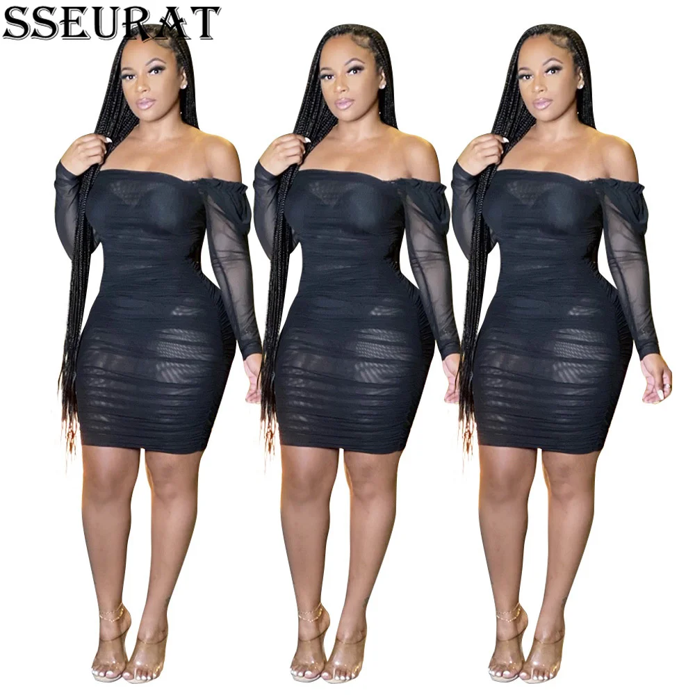 

SSEURAT Women Elegant Off Shoulder Strapless Sexy Bodycon Dress Autumn Long Sleeve Mesh Sheer Slim Club Party Bandage Dresses