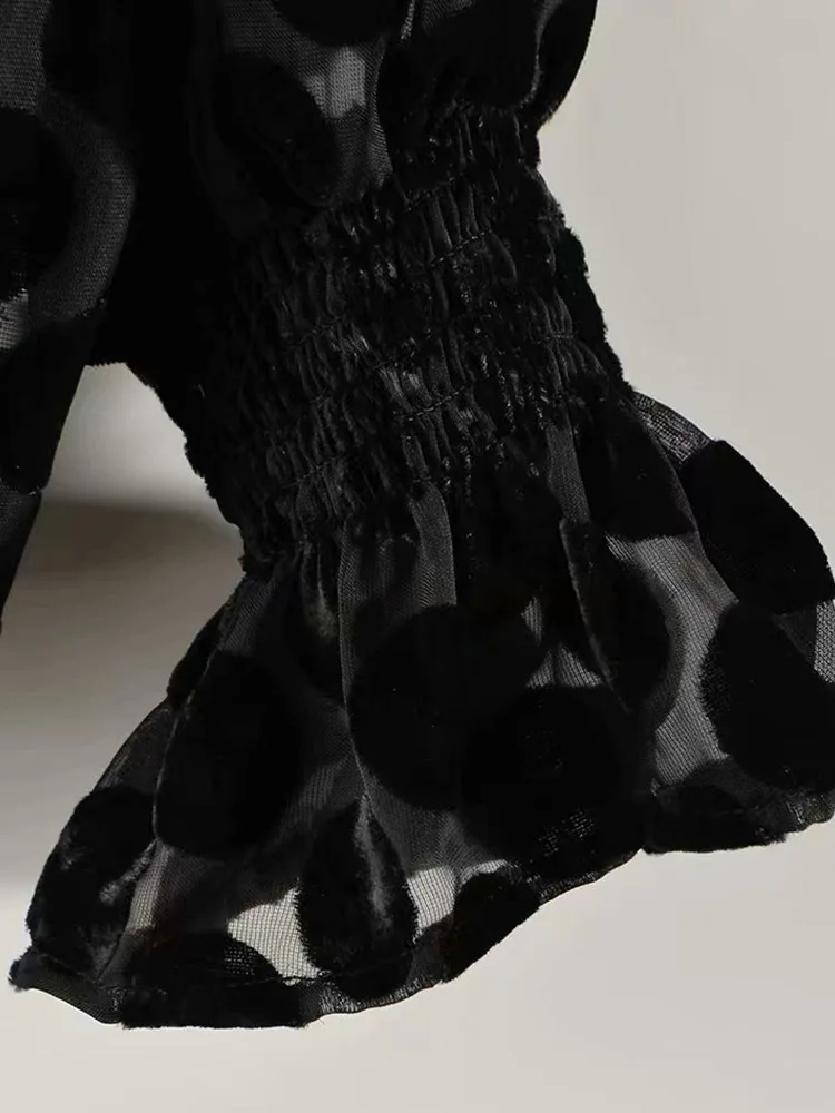 Женская бархатная блузка в горошек с длинным рукавом и круглым вырезом | одежда