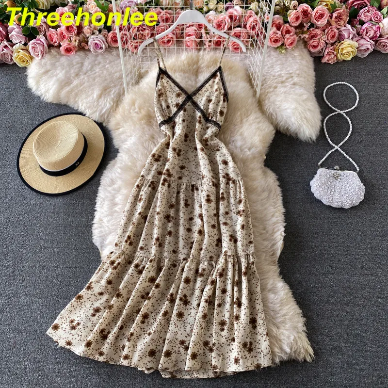 

Женское шифоновое платье-миди на бретельках, элегантное тонкое платье с открытой спиной и кружевной завязкой, с цветочным принтом, лето 2021