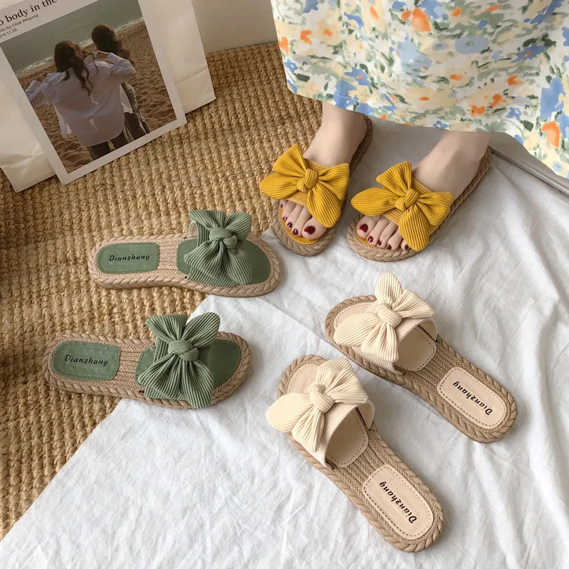 

Female Shoes Butterfly-Knot Ladies' Slippers Summer Clogs Woman Low Luxury Slides 2021 Beach Flat Designer Rubber Cotton Fabric