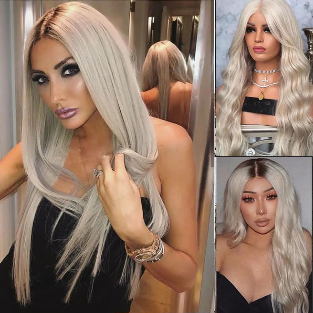 Полный парик шнурка волнистые Платиновый блондинка изюминка крем из прозрачного