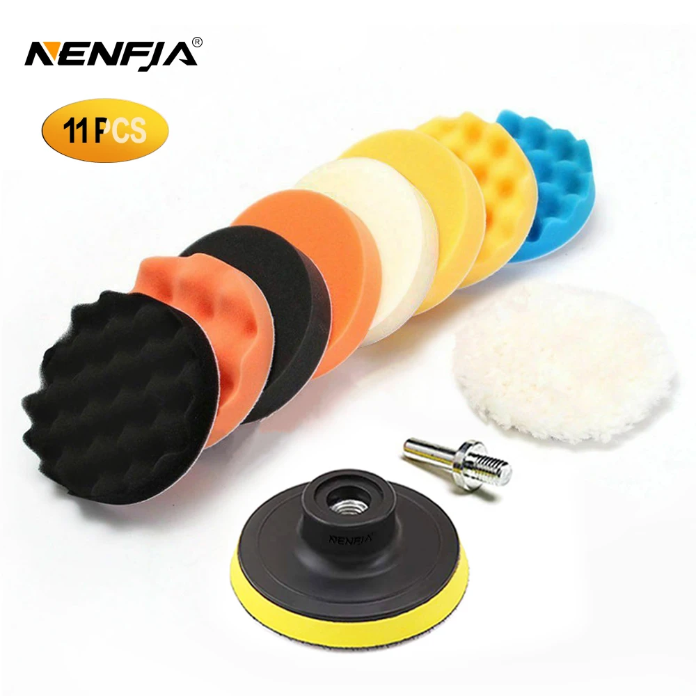 

11Pcs 3/4/5/6/ inch Waffle Buffer Polishing Pad Set For Car Polisher + Drill Adaptor M10 M14 Power Tools