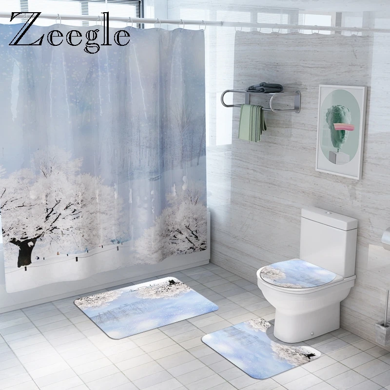 Zeegle Snow Pattern Shower Curtain with Toilet Mat Set U Type Rug Pedestal Polyester Room Doormat Floor | Дом и сад