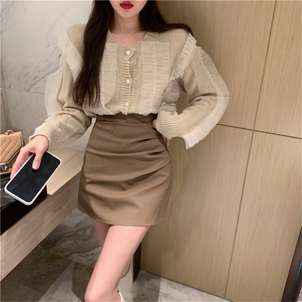 

대한민국 Women Sweet Sexy Two Pieces Sets Patchwork Casual Work Wear Sweaters Autumn Slim Bodycon OL High Waist Mini Skirts