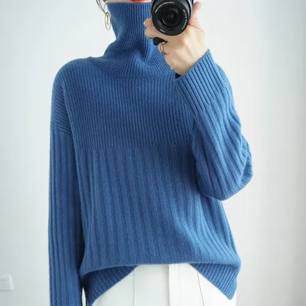 

2021 Autumn And Winter New Woolen Sweater Ladies High-neck Thick Loose Cashmere Sweater Knitted Bottoming Shirt