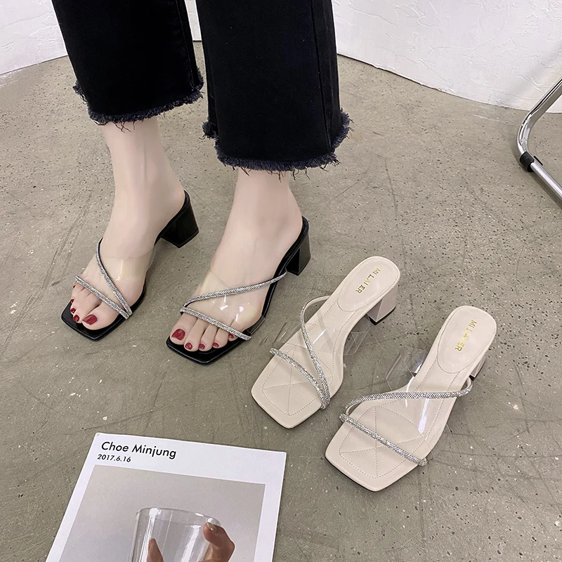 

Shoes Woman 2021 Slippers Soft Luxury Slides Med Transparent Heel Square heel Rubber Flip Flops Pantofle Comfort Designer Block