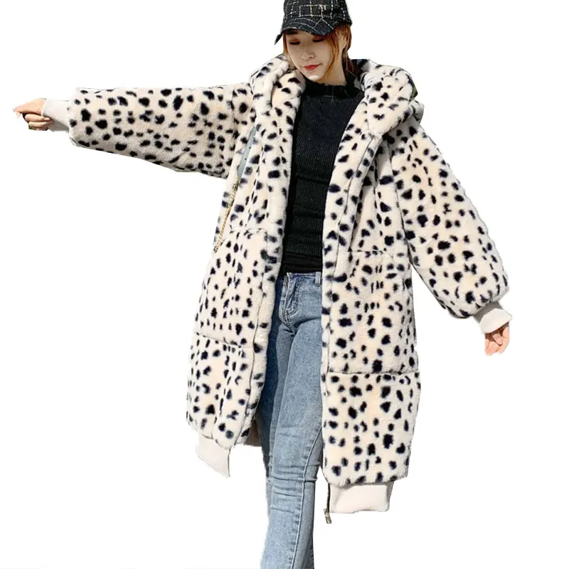 2022 New Hooded Leopard Coat Winter Parka Women Faux Fur Coat Loose Large Size Thick Warm Zipper Fur Overcoat Women Long Jacket