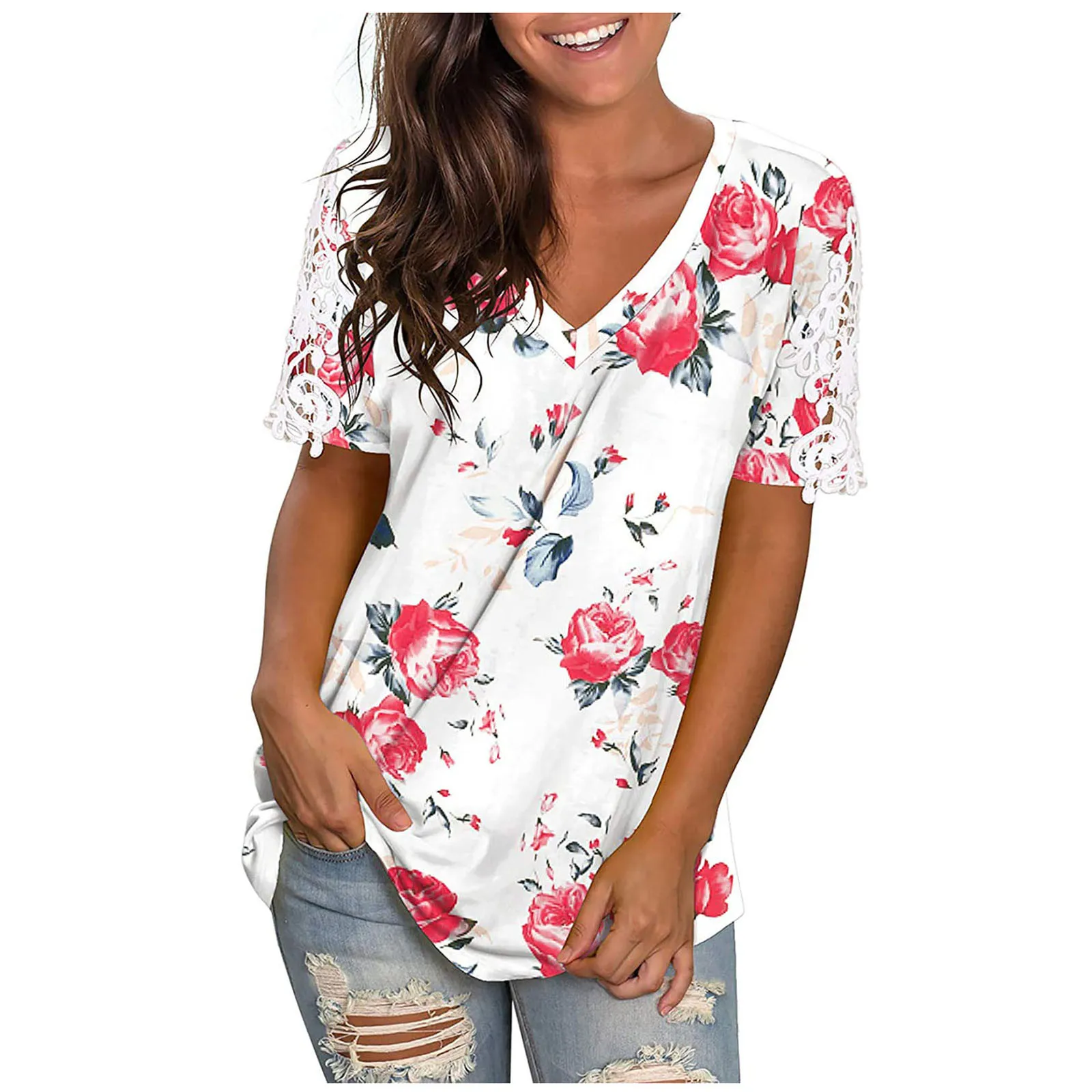 

Ladies Fashion V-neck Printed Hollow Lace Short Sleeve Top Fashion Women's Abstract Printed Tops Ladies Loose Blouse 2021