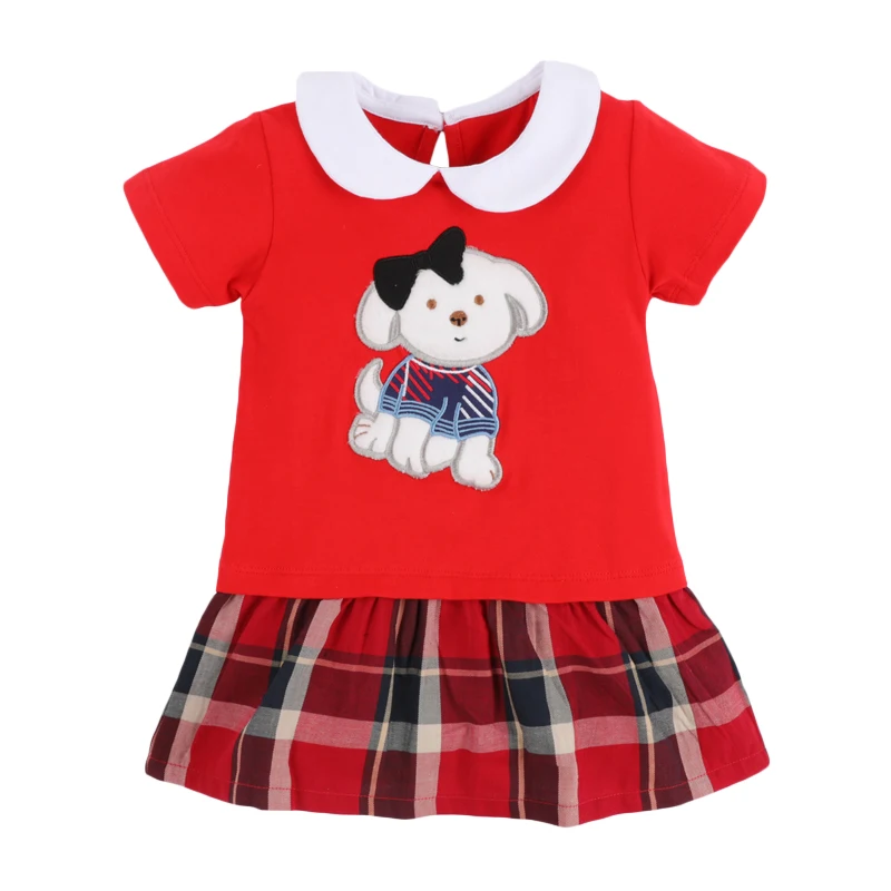 

Little Maven New Summer Kids Red Puppy Applique Girls 2-7yrs Short-sleeved Peter Pan Collar Cotton Knitted Patchwork Dresses
