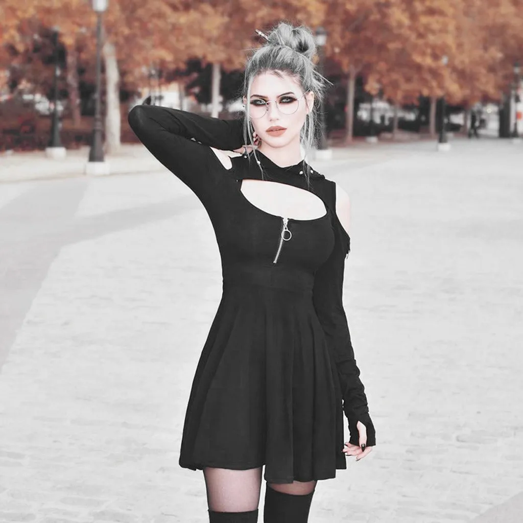 

Summer 2020 Sexy Dress Ladies High Waist Women's Fashion Gothic Pure Color Hooded Low Cut Cold Shoulder Zippe Mini Dress