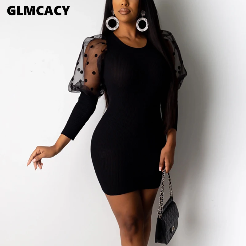 Женское Сетчатое облегающее платье в горошек с рукавами фонариками однотонное