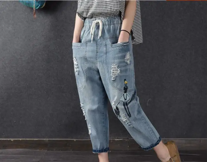 Женские рваные джинсы с высокой талией джинсовые штаны шаровары из хлопка