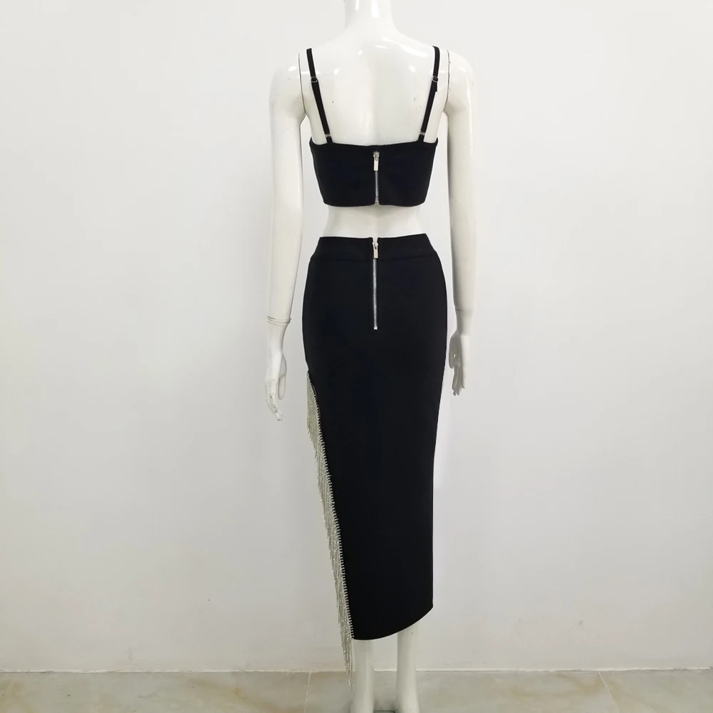 Женский комплект из двух предметов, черный бандажный костюм из искусственного шелка на бретелях-спагетти с цепочкой, пикантная юбка средне... от AliExpress RU&CIS NEW