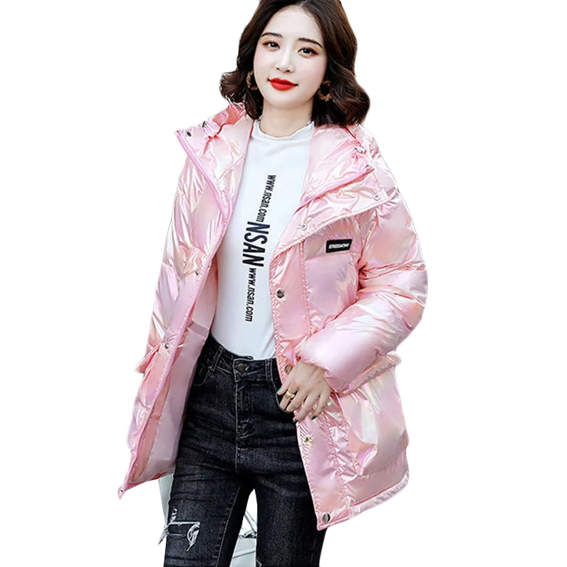 

New No Wash Colorful Glossy Down Cotton Jacket Women Korean Loose Long Hooded Parka Winter Jacket Coat Casual Cold Warm Overcoat