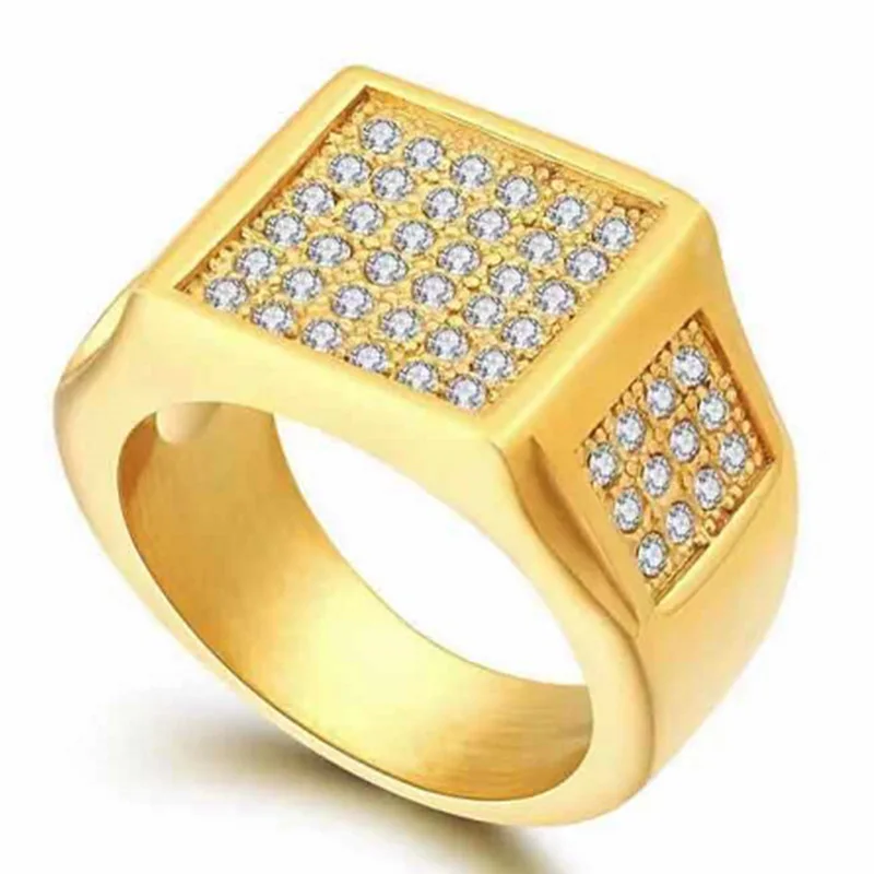 

Mifeiya Luxury Gold Color Square Bling Iced Out Crystal Rhinestone Zircon Ringf for Men Male Party Wedding Engagement Jewelry