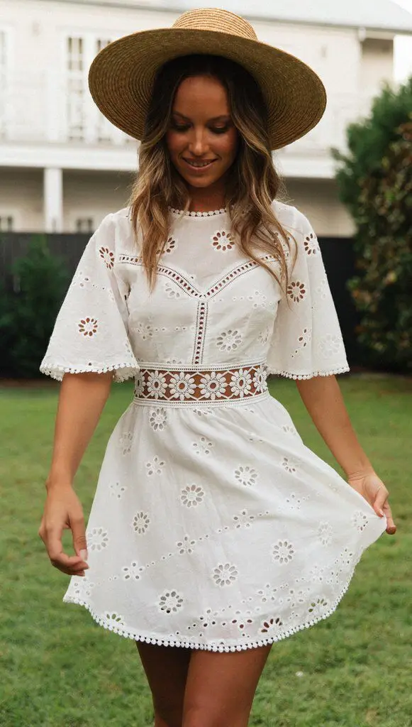 2021 New Women Elegant Embroidered Lace Dress White Female Splicing Dress Floral Hollow Out Loose Casual Party Vestidos