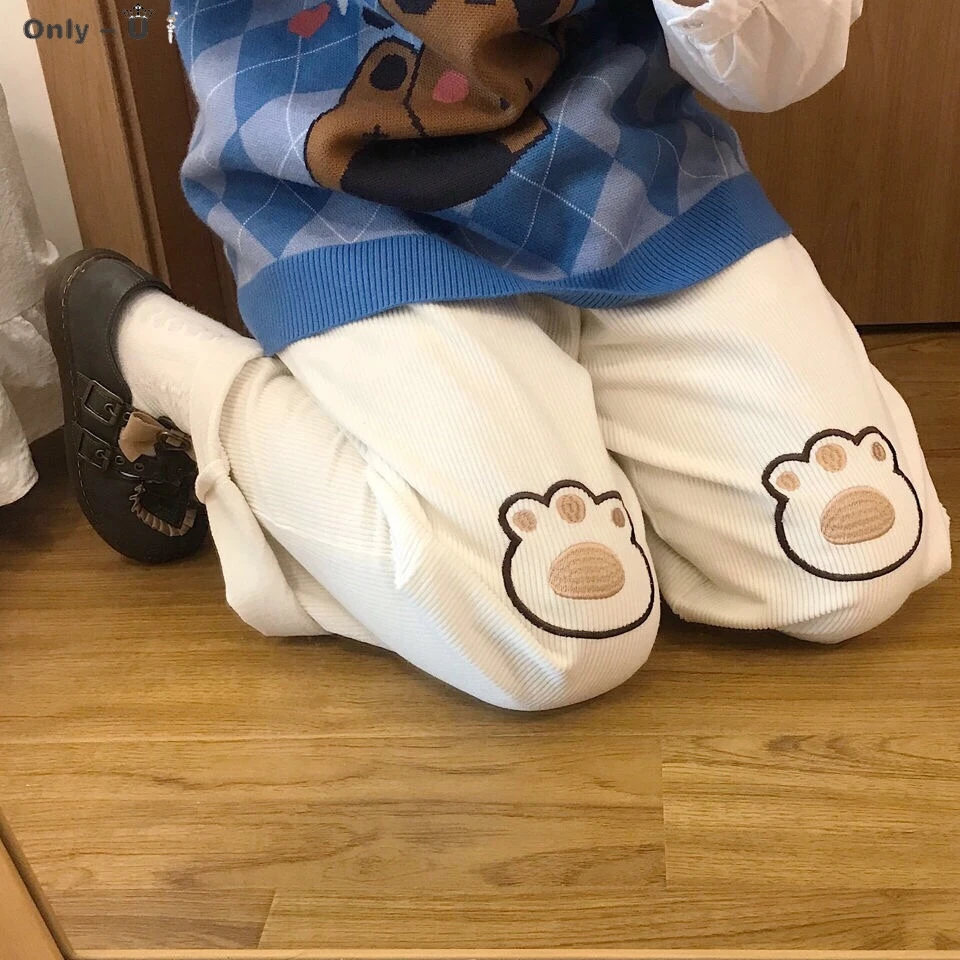 

Korea Ulzzang Japanese Cute Casual Corduroy Pants Women Vintage Sweet Bear Trousers Loose Kawaii Harajuku Female Long Pants New
