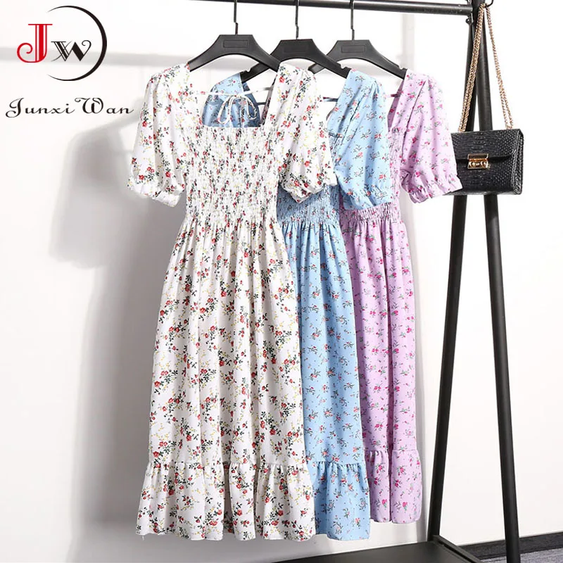 

Women Summer Chiffon Floral Print Beach Dress Korean Style Short Sleeve Square Collar Ruffles Elegant Chic Party Midi Sundress