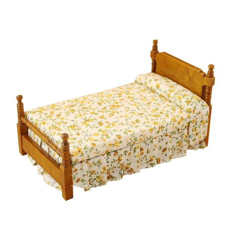 

1:12 Dollhouse Miniature Mini Furniture Double Bed Bedside Table Decor