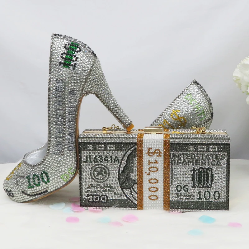 

Fashion Round Toe Dollars Money shoe and bag set woman fashion shoes High Heel Pumps Evening Party dress shoes Female Big size