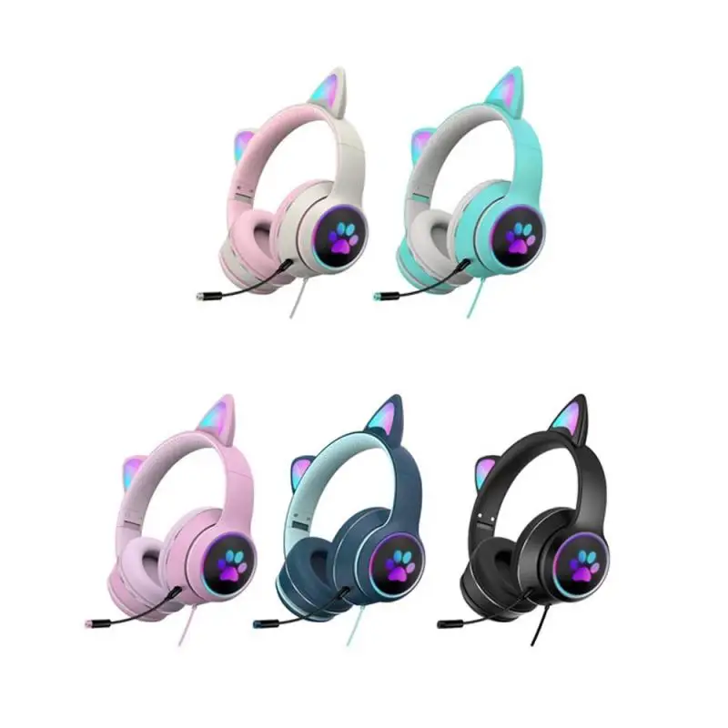 

Hot Product Wired Cat Ear Headset Pluggable Noise Reduction Dual Mic Virtual 7.1 Channel LED Lighting Cute Girl Gaming Headset