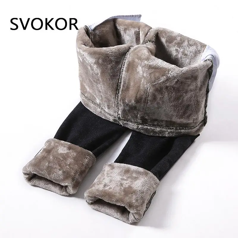 

SVOKOR Winter Leggings Warm Velvet Warm Pencil Pants Women High Waist Button Pockets Legging Slimming Elastic