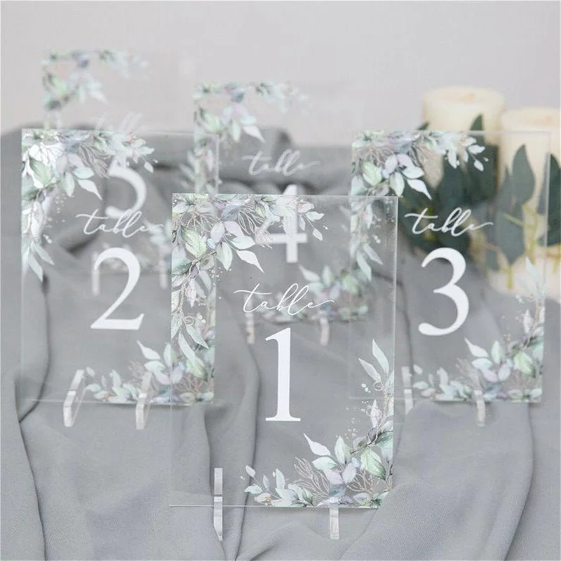 

Boho Green leaves Acrylic Table Numbers, Acrylic Table Number, Acrylic wedding sign, Wedding table sign, Floral Wedding number