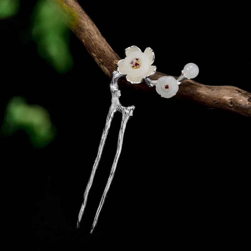 

Bastiee S925 Sterling Silver Hair Fork Jade Flower Hair Stick Hanfu Accessories For Women Miao Luxury Jewelry