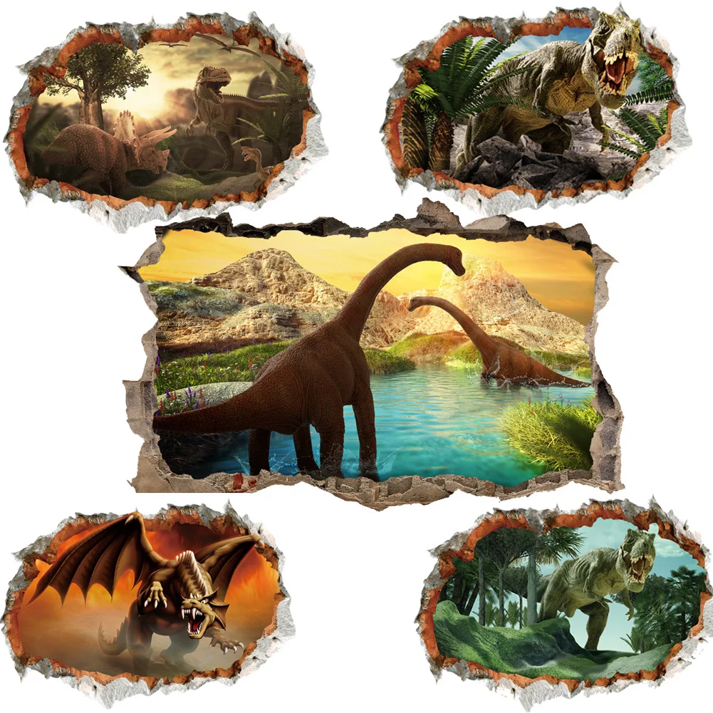 

Wall Stickers 3D Broken Wall Dinosaur Wall Stickers Bedroom Living Room Children Room Removable Decorative Paintings