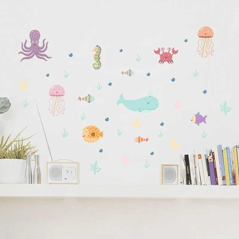 

DIY волшебный подводный мир водонепроницаемый стикер стены Осьминог Дельфин детская комната ванная комната украшения плакат роспись