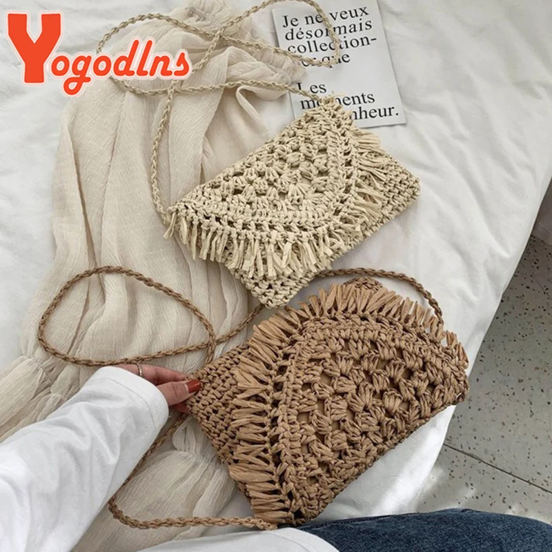 Соломенная Сумка Yogodlns с кисточками для женщин Пляжная плетеная маленькая сумка