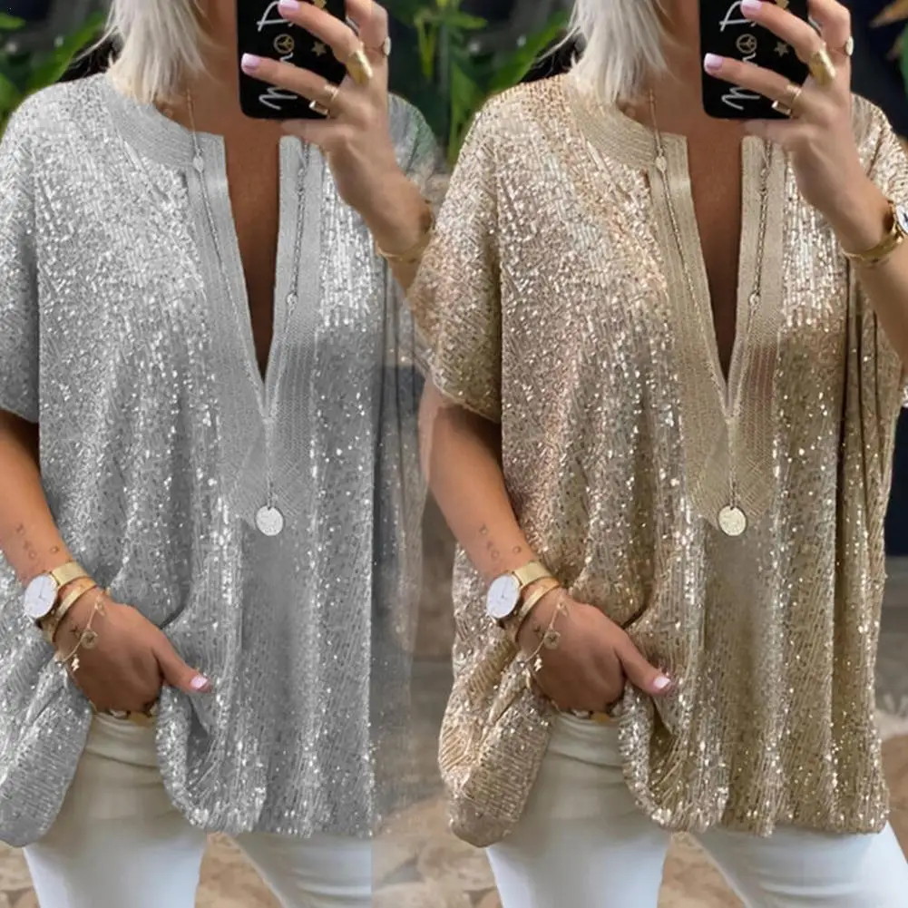 

2021 Fashion Short Sleeve Sequins T Shirt Summer Top Color Shirts Tees Neck Femme Gold Casual Clothes V Ladies Silver Loose C4z4