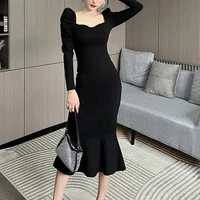 spring women party dress french vintage black split dress long puff sleeve slim waist vestdios female bodycon dress